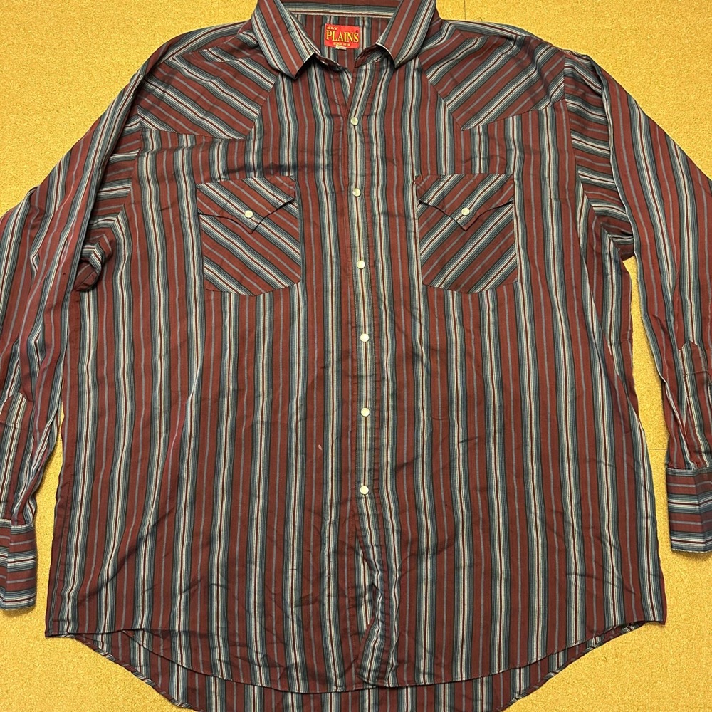 Ely Plains Western Shirt Mens XL Burgundy Blue Striped Pearl Snap Long Sleeve